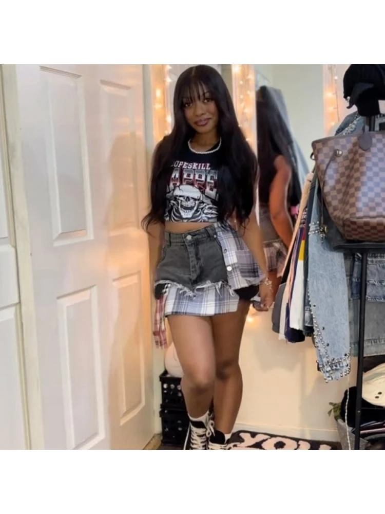 Colorblock Plaid Raged Hem Patchwork Denim Skirts 8 Colorblock Plaid Raged Hem Patchwork Denim Skirts - Image 8