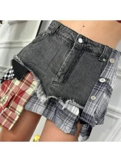 Colorblock Plaid Raged Hem Patchwork Denim Skirts 28 Colorblock Plaid Raged Hem Patchwork Denim Skirts -V For Vendetta Shop P 20240624112856004 589
