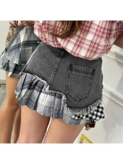 Colorblock Plaid Raged Hem Patchwork Denim Skirts 29 Colorblock Plaid Raged Hem Patchwork Denim Skirts -V For Vendetta Shop P 20240624112856709 273
