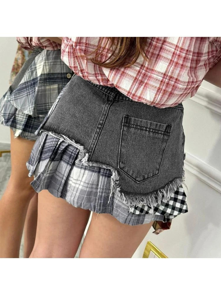 Colorblock Plaid Raged Hem Patchwork Denim Skirts 10 Colorblock Plaid Raged Hem Patchwork Denim Skirts - Image 10