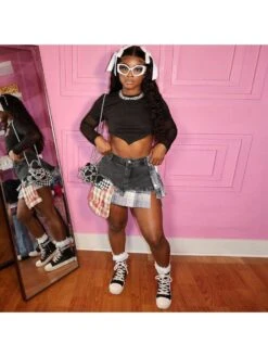 Colorblock Plaid Raged Hem Patchwork Denim Skirts 30 Colorblock Plaid Raged Hem Patchwork Denim Skirts -V For Vendetta Shop P 20240624112857250 274