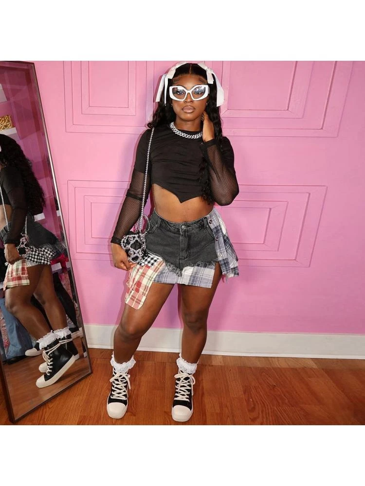 Colorblock Plaid Raged Hem Patchwork Denim Skirts 12 Colorblock Plaid Raged Hem Patchwork Denim Skirts - Image 12