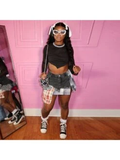 Colorblock Plaid Raged Hem Patchwork Denim Skirts 32 Colorblock Plaid Raged Hem Patchwork Denim Skirts -V For Vendetta Shop P 20240624112858451 112