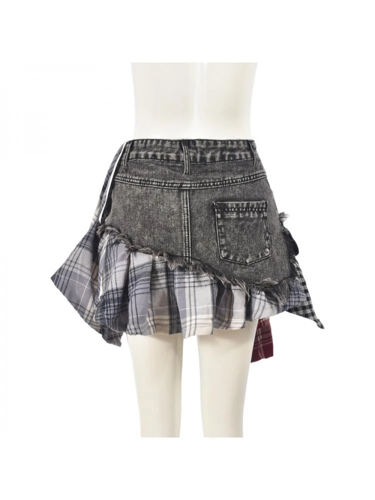 Colorblock Plaid Raged Hem Patchwork Denim Skirts 16 Colorblock Plaid Raged Hem Patchwork Denim Skirts - Image 16