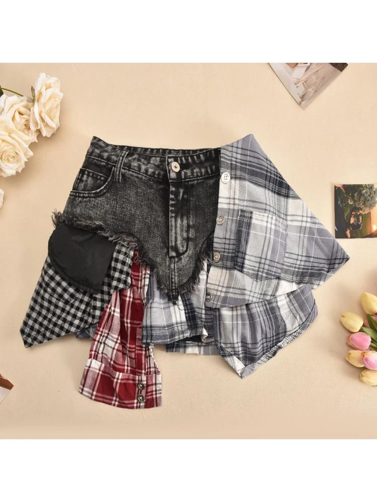 Colorblock Plaid Raged Hem Patchwork Denim Skirts 17 Colorblock Plaid Raged Hem Patchwork Denim Skirts - Image 17