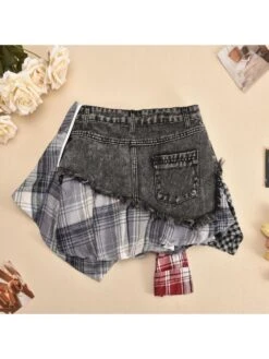 Colorblock Plaid Raged Hem Patchwork Denim Skirts 37 Colorblock Plaid Raged Hem Patchwork Denim Skirts -V For Vendetta Shop P 20240624112901315 842
