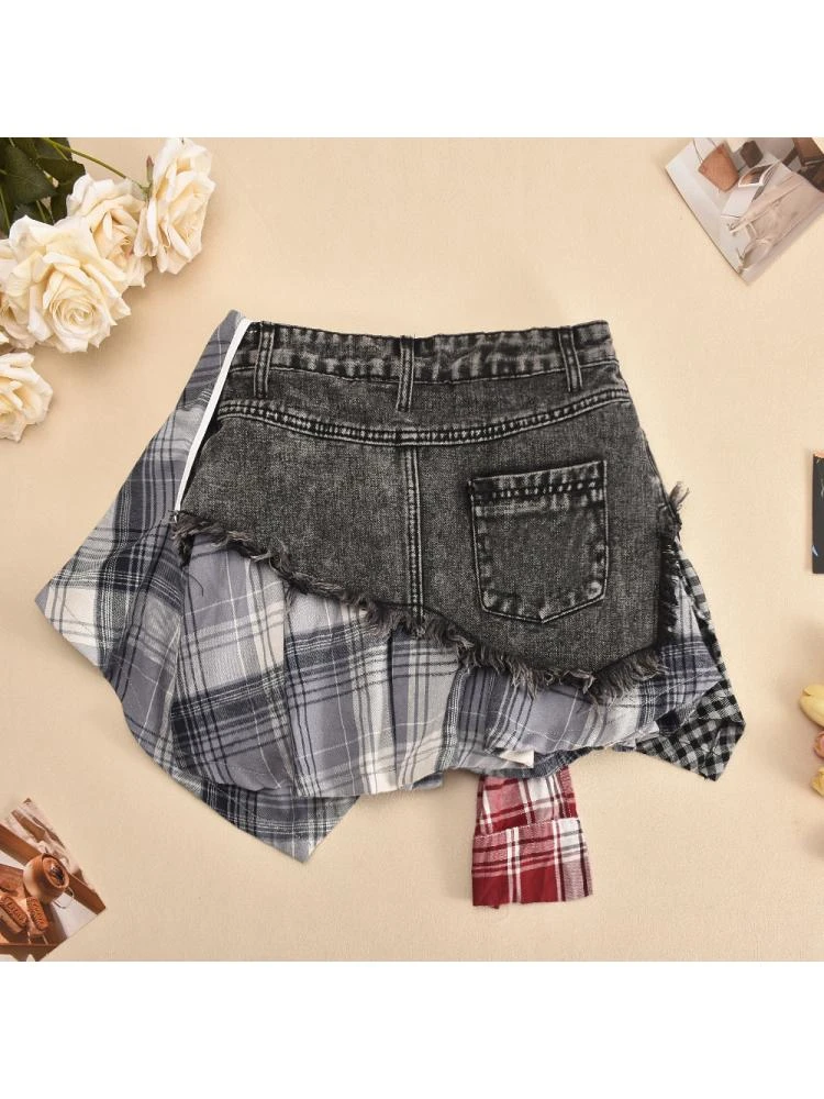 Colorblock Plaid Raged Hem Patchwork Denim Skirts 18 Colorblock Plaid Raged Hem Patchwork Denim Skirts - Image 18