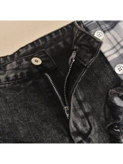 Colorblock Plaid Raged Hem Patchwork Denim Skirts 38 Colorblock Plaid Raged Hem Patchwork Denim Skirts -V For Vendetta Shop P 20240624112901937 336