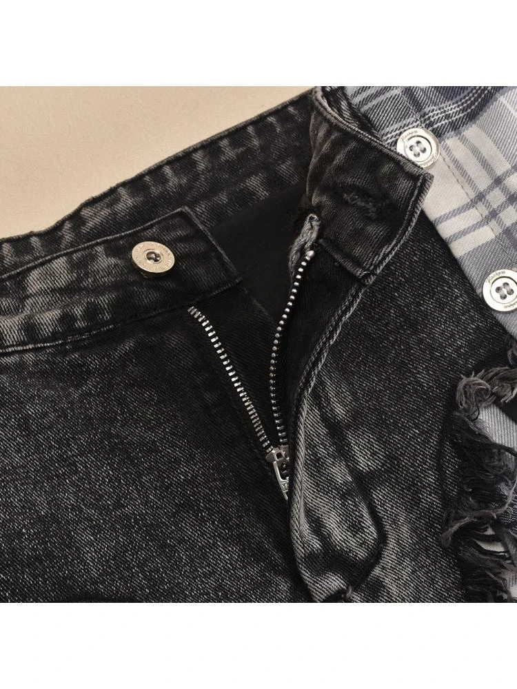 Colorblock Plaid Raged Hem Patchwork Denim Skirts 19 Colorblock Plaid Raged Hem Patchwork Denim Skirts - Image 19